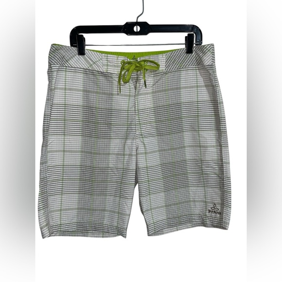 EUC‎ PrAna Board Shorts Swim Trunks Mens Size 33 Green Striped - Picture 1 of 4